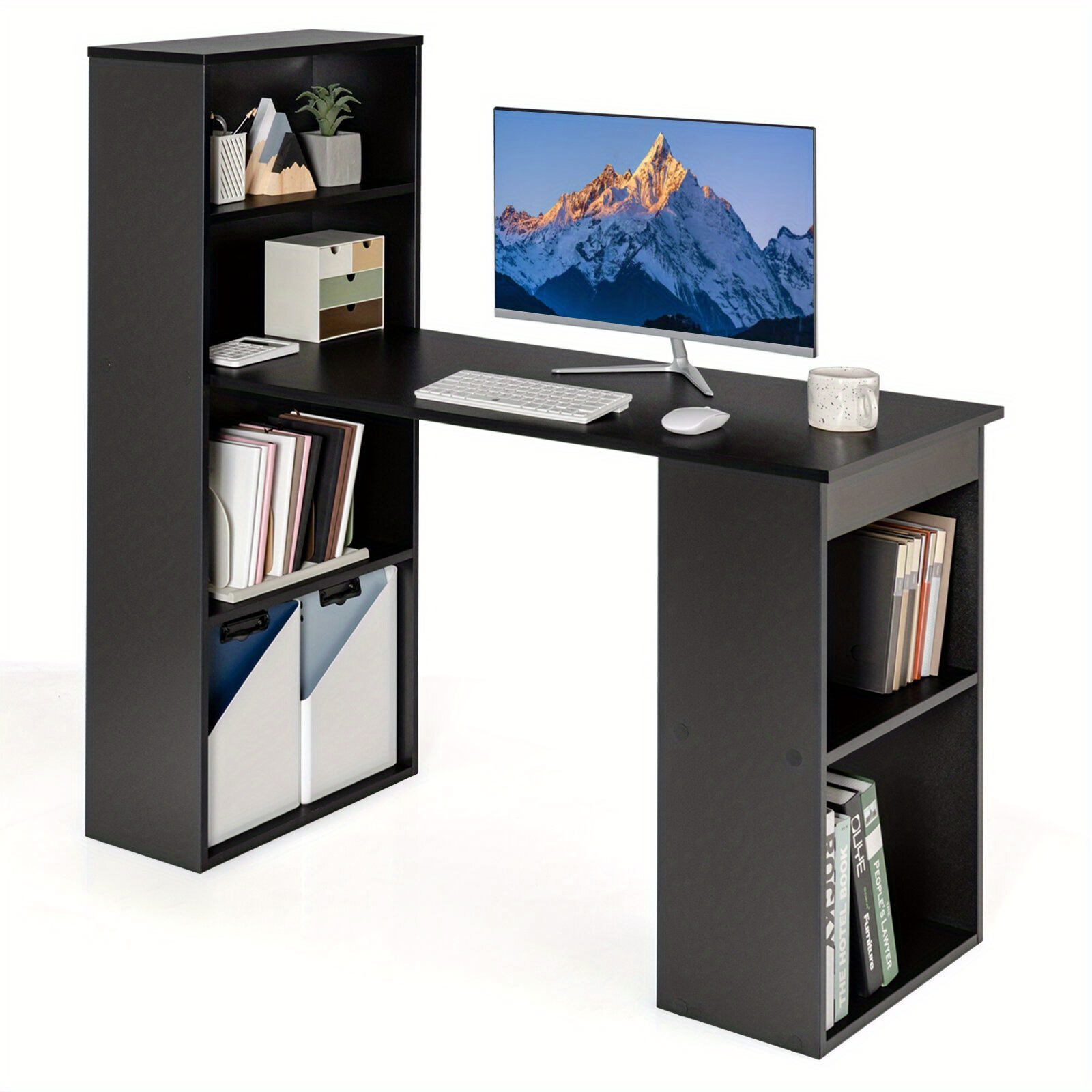 Computer Desk W/ Bookcase, 120 Cm Modern Compact Writing Desk W/ 6-tier Storage Shelves, Reversible Study Workstation W/ Wide Base For Home, Office & Dorm, Easy , Black