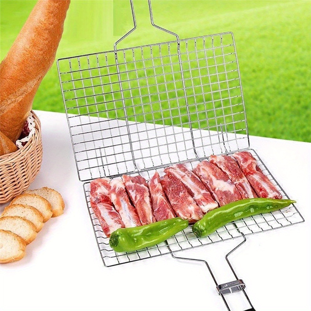 

1pc 15.5" Stainless Steel Wire Bbq Grill Basket With Wooden Handle - Meat, Fish, And Vegetables | & Accessory, Grilling Accessories For Outdoor Grill