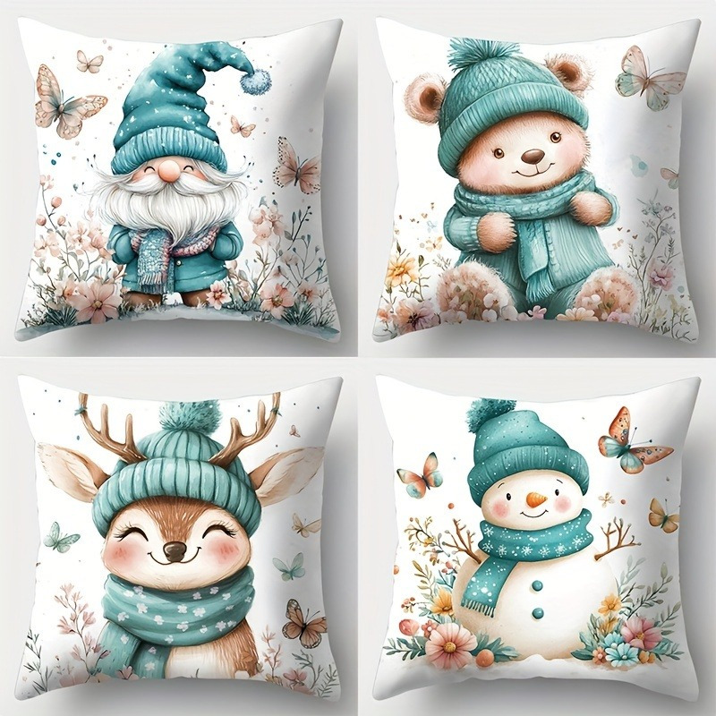 

Set Of 4 Festive Christmas Throw Pillow Covers - Soft Polyester With Zipper, Snowman & Reindeer Designs, Machine Washable - Living Room Decor