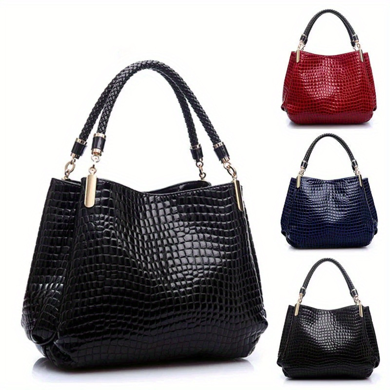 

Leather Crocodile Pattern Shoulder Bag For Women - Solid Color, Zipper Closure, Polyester Lined, Only, Fashionable European Vintage Style For Daily