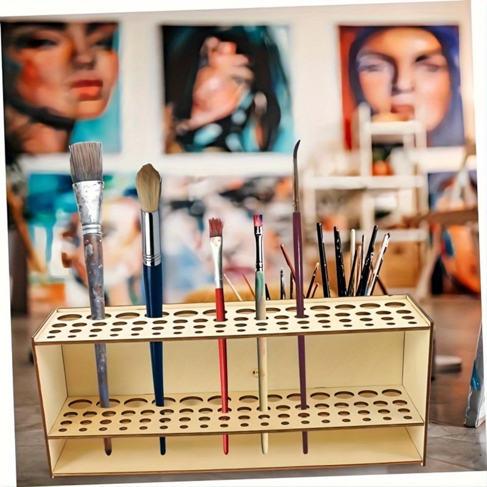 

Wooden Brush Holder For 67 Brushes - Desktop Stand Brush Organizer For Pens, Paintbrushes, Colored Pencils And Markers