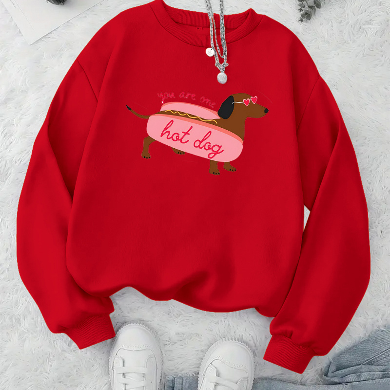 

Women's Casual Red Sweatshirt With Cute Hat Dog Graphic - Long Sleeve, Crew Neck, Polyester Knit Top, Machine Washable - Fall/winter, Autumn |trendy Casual Top|smooth Texture Fabric