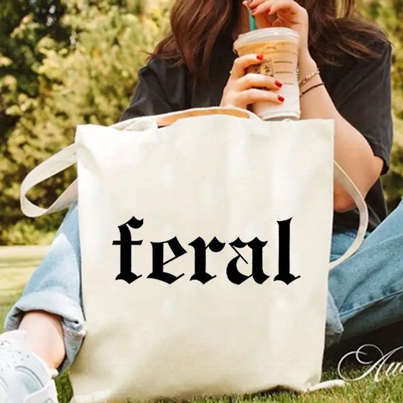 

Feral Letter Print Canvas Tote Bag For Women - Fashionable & Casual, Machine Washable,