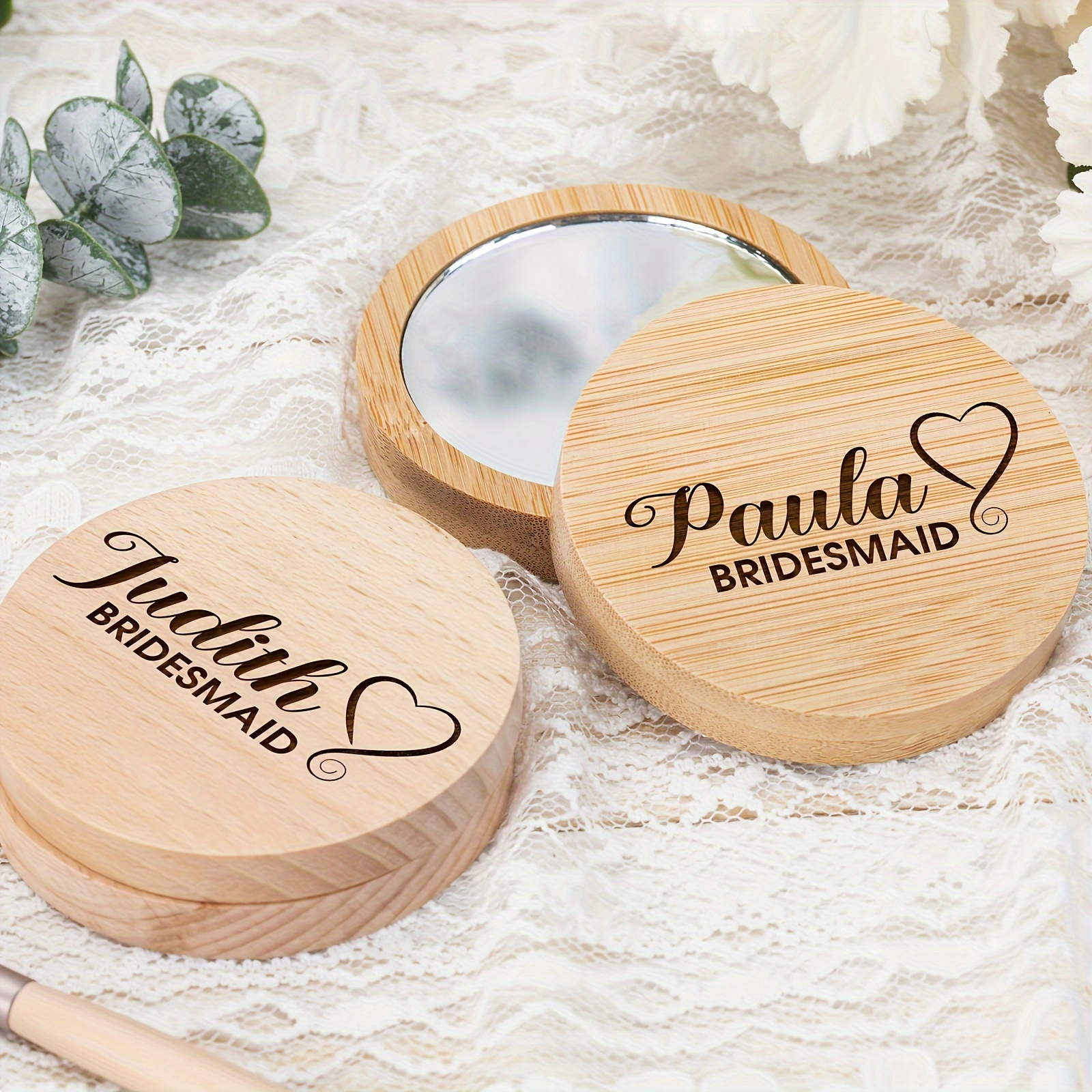 

Personalized Wooden Compact Mirror For Bridesmaid, Custom Engraved Log Mirror, Unique Gift For Wedding, , No Electricity Needed, Featherless, Ideal For Makeup Touch-ups