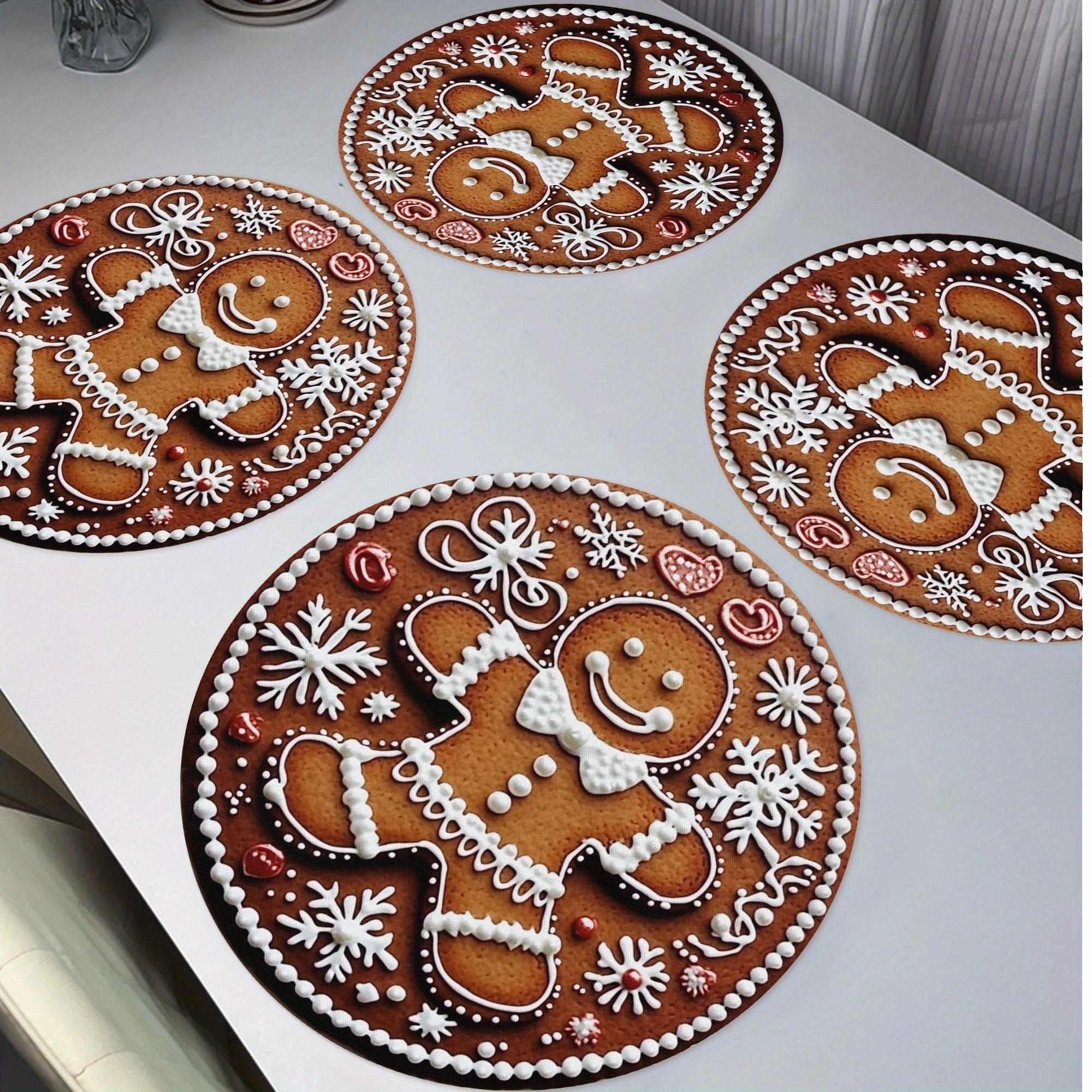 

4pcs Set Gingerbread For Man Christmas Placemats - Non-slip, Washable Round Table Mats For Holiday Dining & Kitchen Decor, 15", Gingerbread Christmas Decorations