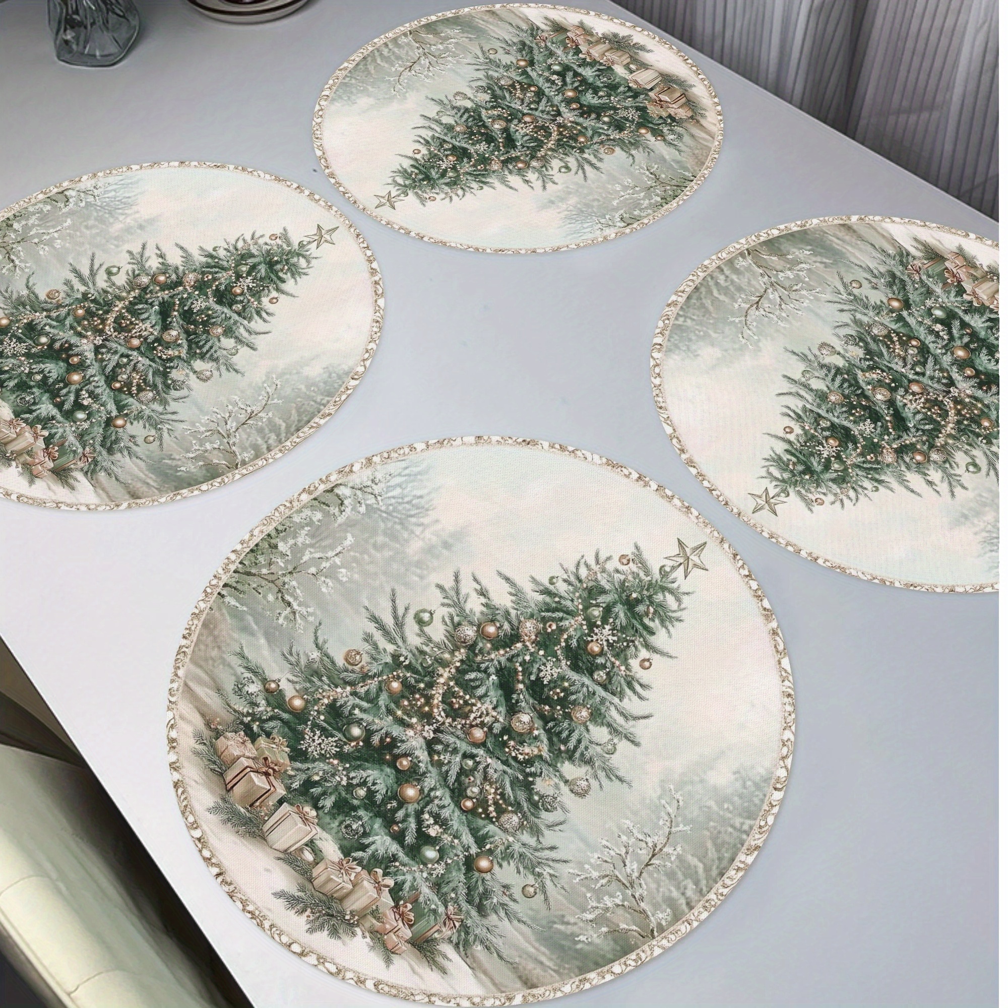 

4-pack Round Christmas Tree Placemats With Ornaments, Non-slip Polyester Table Mats, Hand-wash Woven Place Mats For Banquet Party Dining Decor, 15-inch