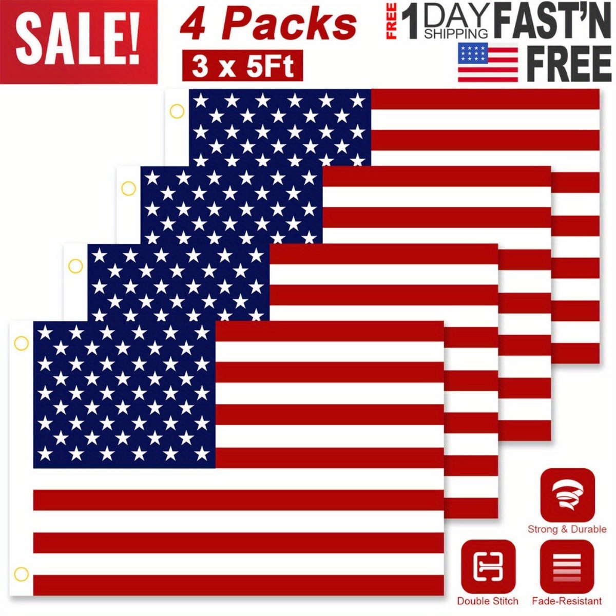 

4pcs 3x5ft American Flags - Polyester, , Brass Grommets, Double-sided & Fade-resistant Usa Banners For Outdoor And Indoor Display