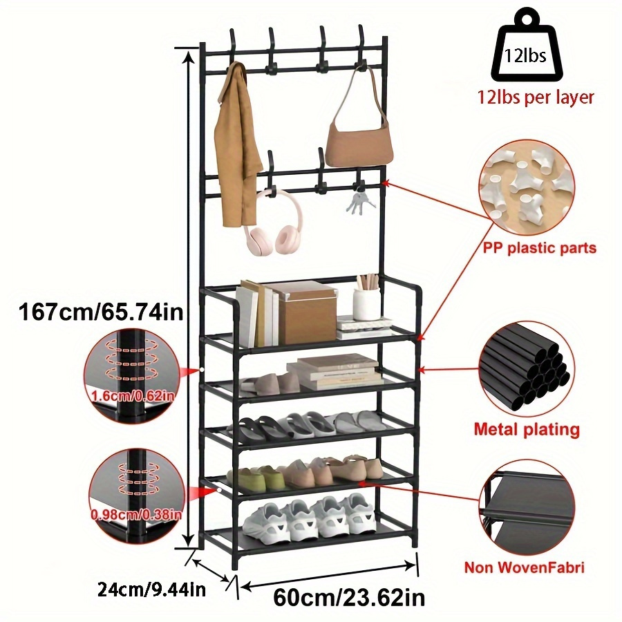 a 5-layer metal shoe rack with hooks and 8 hooks,   function, suitable for bedrooms, dormitories, living rooms, bathrooms, 12-16mm diameter pipes, easy to assemble details 2