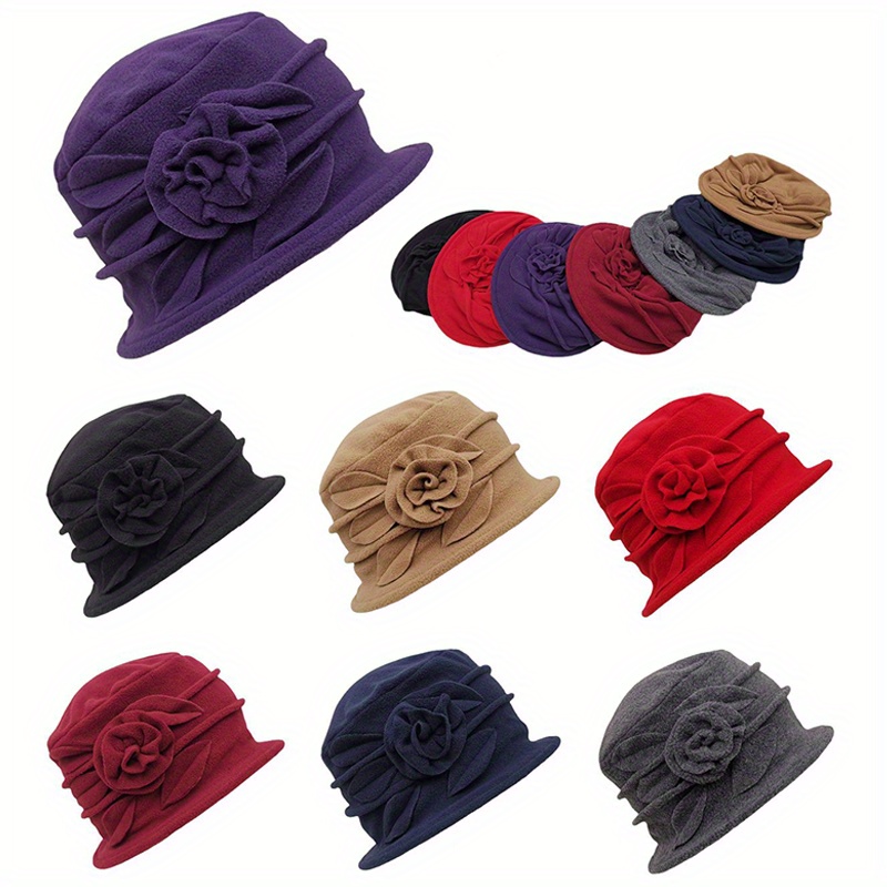 

Elegant Wool Bucket Hat For Women - Chic Solid Color, Knit Design With Flower Accent, Non-stretch, Only