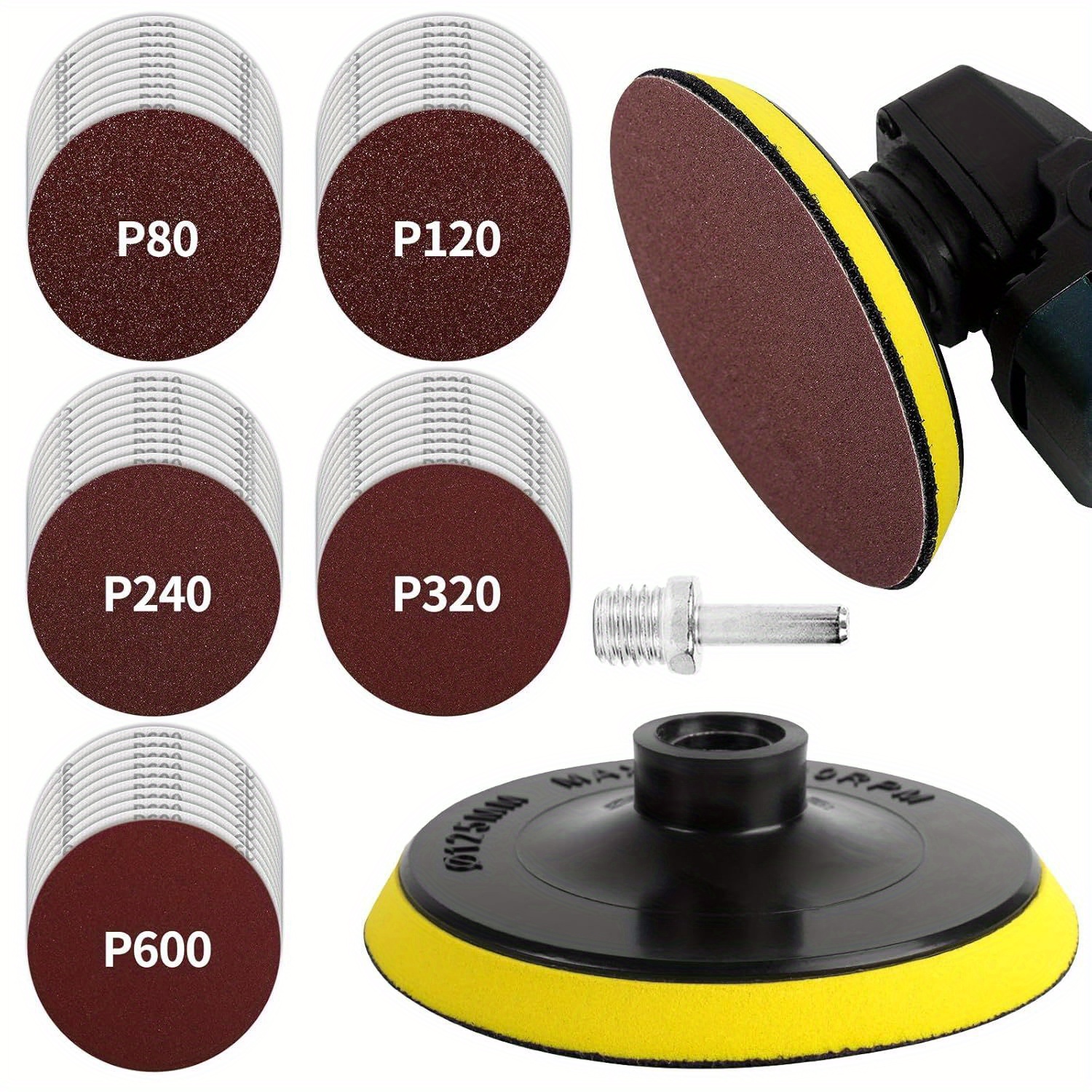 50pcs 5 Inch 80/ 120/ 240/ 320/ 600 Grit Sanding Discs With Hook And Loop Backing Pad For Wood Sanding Buffing Polishing