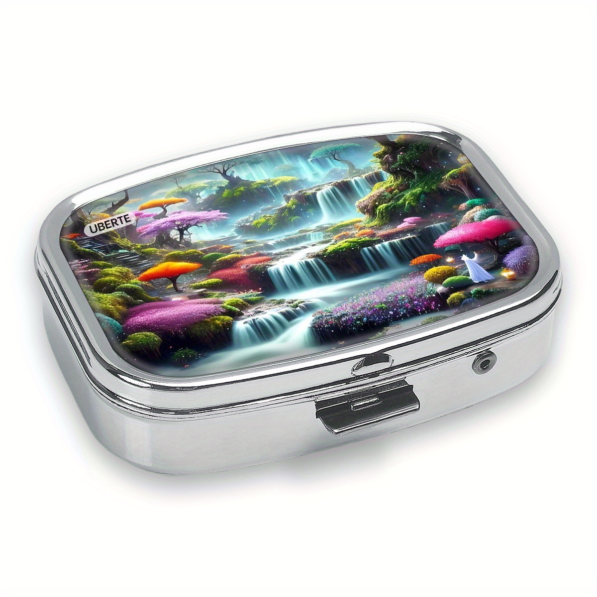 

1pc Uberte Metal Medicine Box, Waterfall Scenery Print, 2 Compartment Square, Portable Wallet Design, Food Contact Safe, Travel-friendly, For Vitamins, Accessories, Medicines - Unique Gift Idea