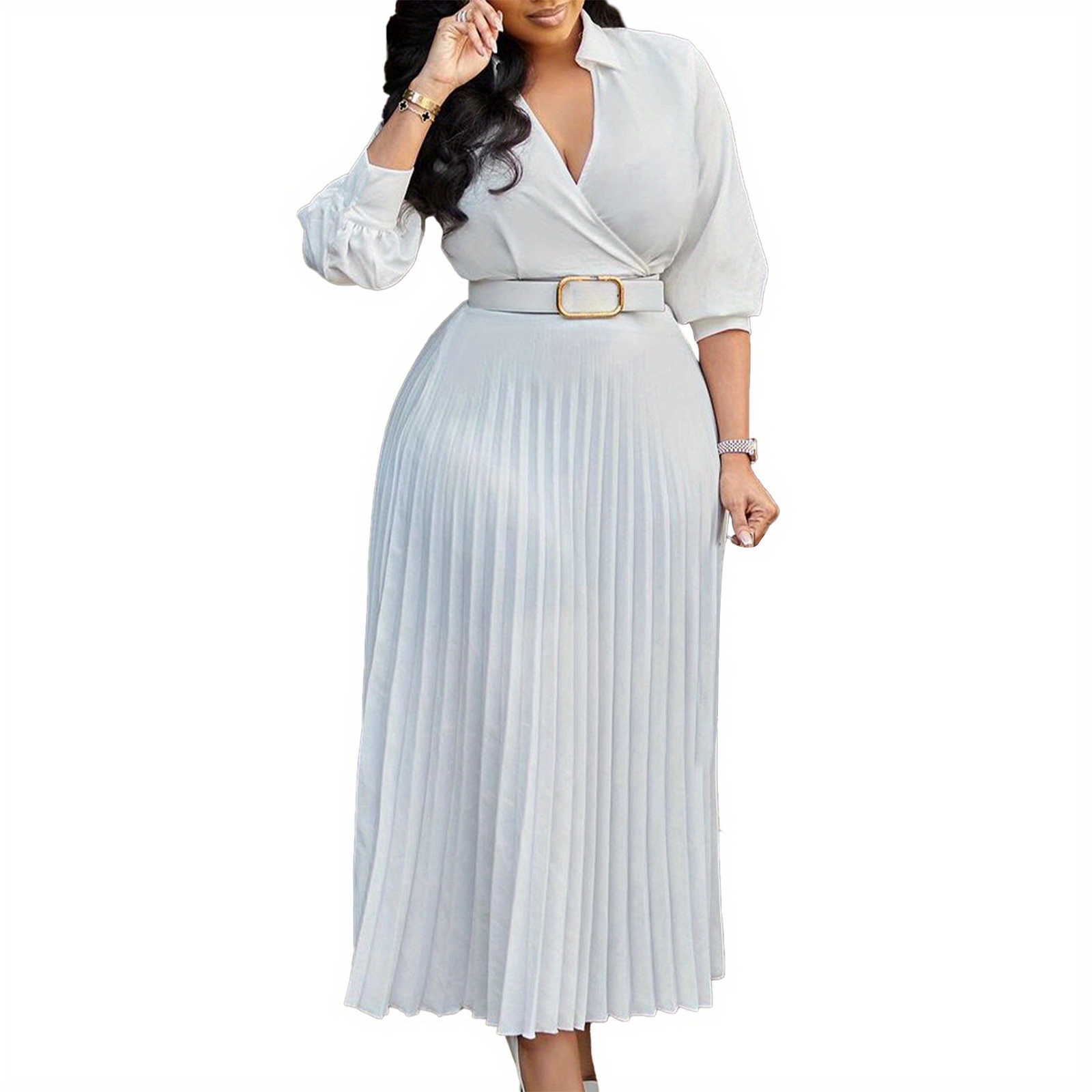 

Women Long Dress, 3/4 Sleeve Dress Pleated Solid Loose Summer Casual Dress With Belt