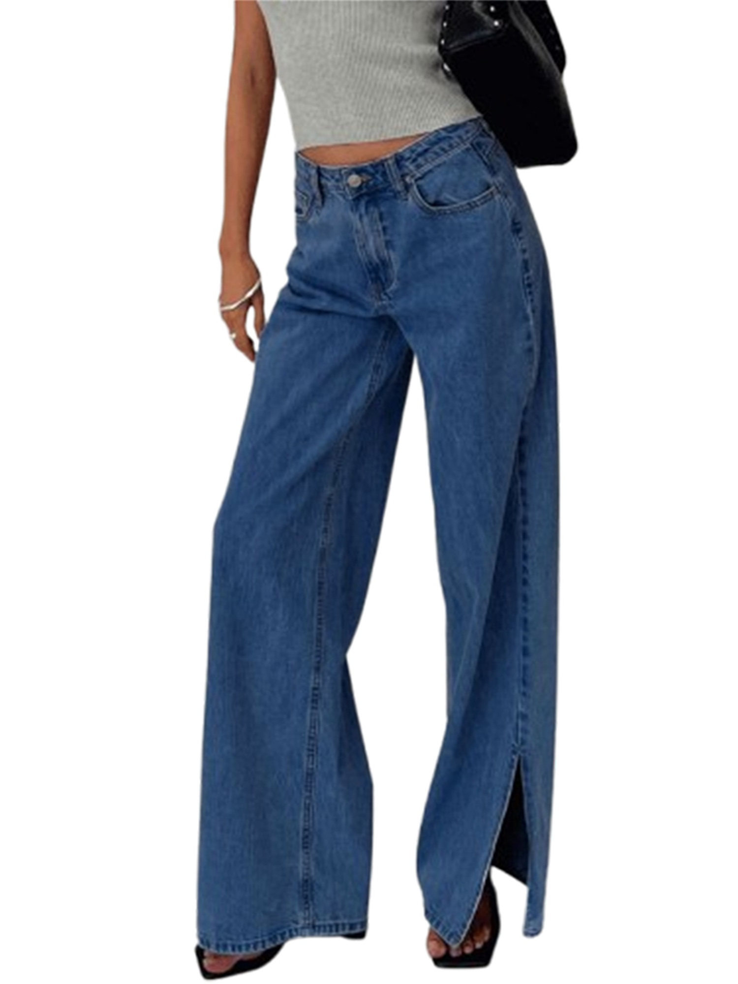 women's low washed jeans trendy wide leg split hem Temu