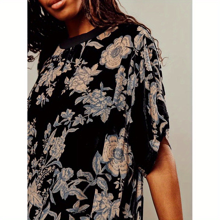 

Women Velvet Dress, Long Sleeve Crew Neck Flower Mini Dress Loose Fall Casual Dress
