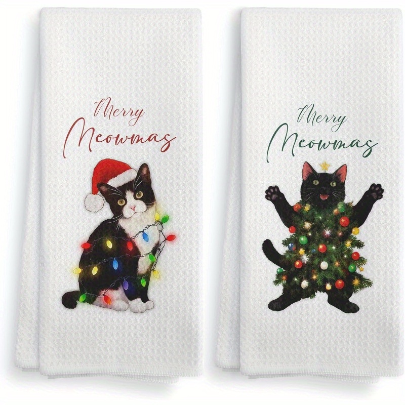 

2pcs 18*26inch Black Cat Christmas Tree Lights Decoration Kitchen Towels And Dish Cloths A Must-have For Cat Lovers, Funny Cat Drying Cloth Hand Towel Tea Towel For Bathroom,