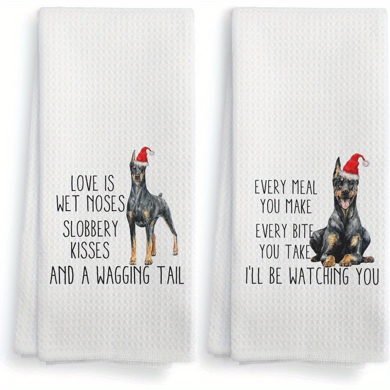 

2pcs Doberman Christmas Kitchen Towels - , Machine Washable Polyester Dishcloths For Dog Lovers, Decor & Gift, Christmas Decor