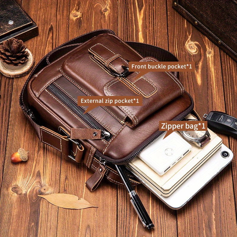 bolso bandolera de cuero   para hombre - elegante bolso de   vertical   con correa ajustable, múltiples compartimentos y bolsillos con cremallera para uso  , bolso bandolera de viaje | accesorio de moda   | cuero  , bolso bandolera