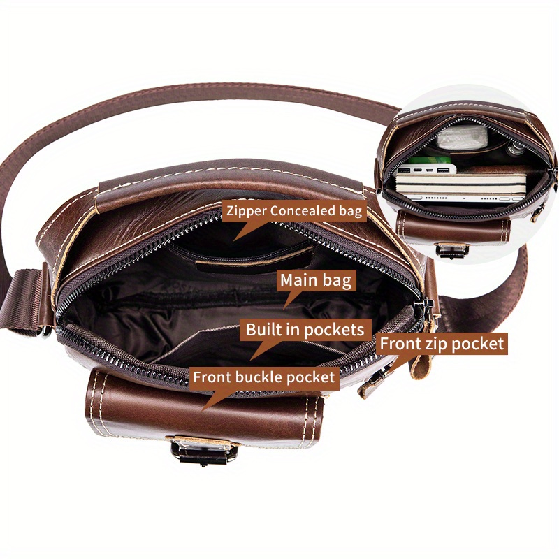bolso bandolera de cuero   para hombre - elegante bolso de   vertical   con correa ajustable, múltiples compartimentos y bolsillos con cremallera para uso  , bolso bandolera de viaje | accesorio de moda   | cuero  , bolso bandolera