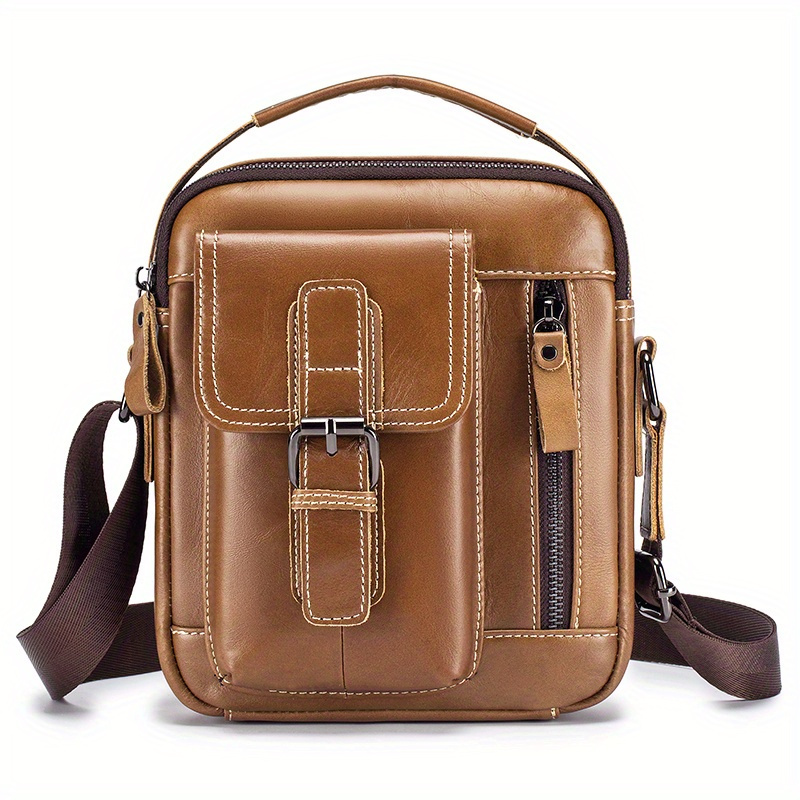 bolso bandolera de cuero   para hombre - elegante bolso de   vertical   con correa ajustable, múltiples compartimentos y bolsillos con cremallera para uso  , bolso bandolera de viaje | accesorio de moda   | cuero  , bolso bandolera