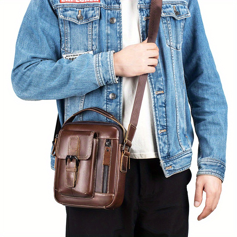 bolso bandolera de cuero   para hombre - elegante bolso de   vertical   con correa ajustable, múltiples compartimentos y bolsillos con cremallera para uso  , bolso bandolera de viaje | accesorio de moda   | cuero  , bolso bandolera