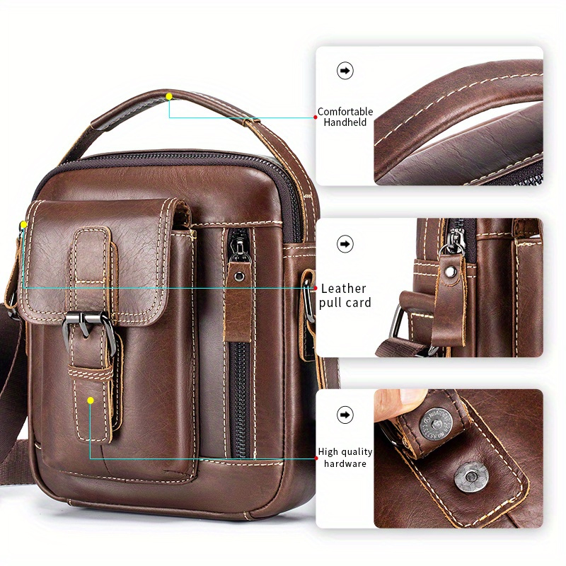 bolso bandolera de cuero   para hombre - elegante bolso de   vertical   con correa ajustable, múltiples compartimentos y bolsillos con cremallera para uso  , bolso bandolera de viaje | accesorio de moda   | cuero  , bolso bandolera