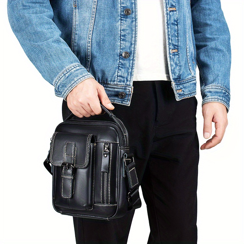 bolso bandolera de cuero   para hombre - elegante bolso de   vertical   con correa ajustable, múltiples compartimentos y bolsillos con cremallera para uso  , bolso bandolera de viaje | accesorio de moda   | cuero  , bolso bandolera