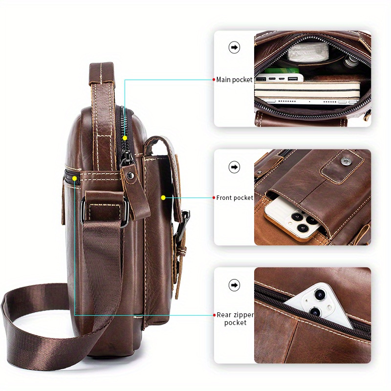bolso bandolera de cuero   para hombre - elegante bolso de   vertical   con correa ajustable, múltiples compartimentos y bolsillos con cremallera para uso  , bolso bandolera de viaje | accesorio de moda   | cuero  , bolso bandolera