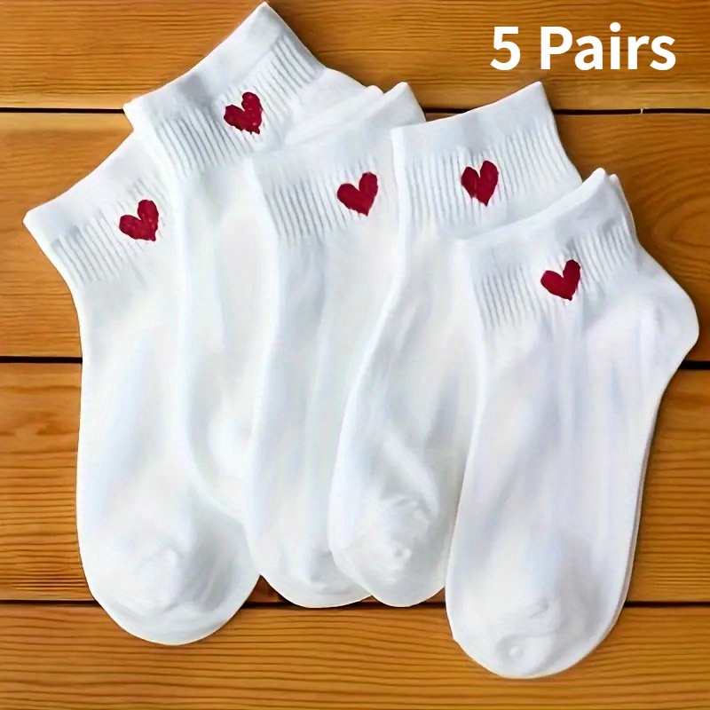 

5 Pairs Print Socks, Simple & Breathable Short Socks For Valentine's Day, Women's Stockings & Hosiery