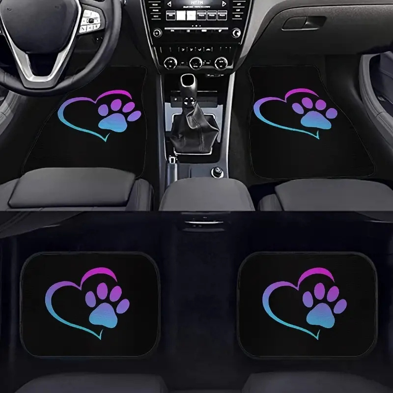 Image of Set Of 4 Heart-shaped Car Floor Mats Featuring A Colorful Dog Paw Print Design, Perfect For Enhancing Your Interior