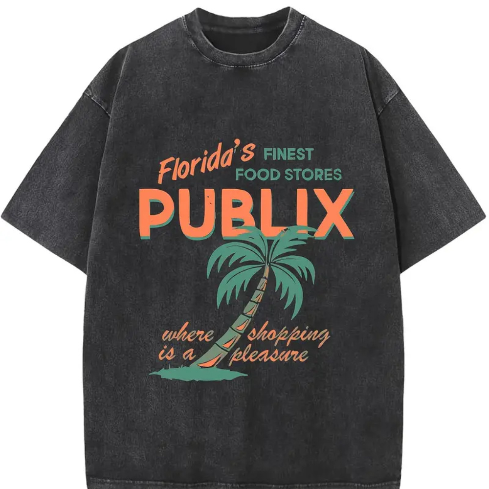 

2025 New Papblix Coconut Tree Letter Pattern Print Vintage Wash Old Cotton Young Men's T-shirt Loose Casual T-shirt