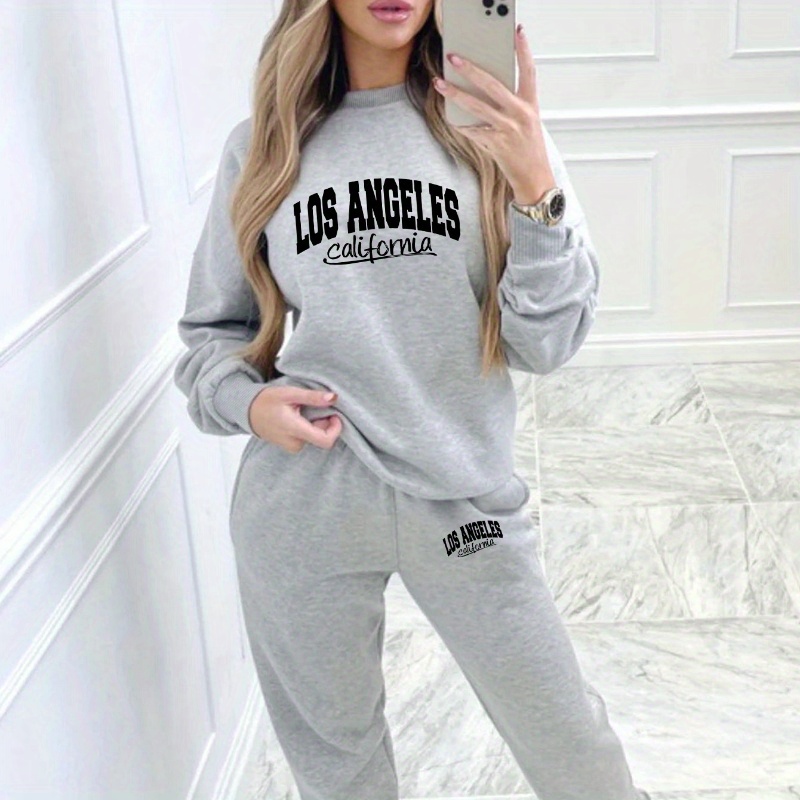 

Women's Casual Los Angeles Letter Print Geometric Knit Polyester Sweatsuit - Crew Neck, Long Sleeve, Fall/winter Cozy Tracksuit With Pockets