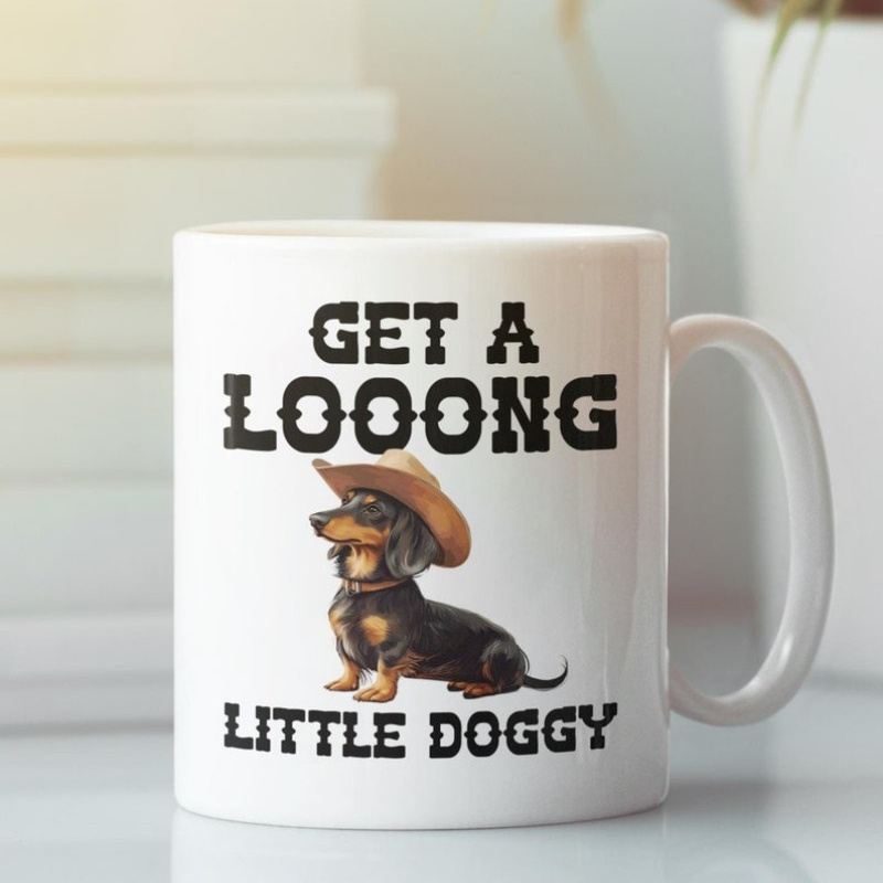 

1pc | Gifts, Funny Dachshund Mug, Get A Long , Cup, Cute Cowboy Hat Dog Mug, Dog Pun Meme