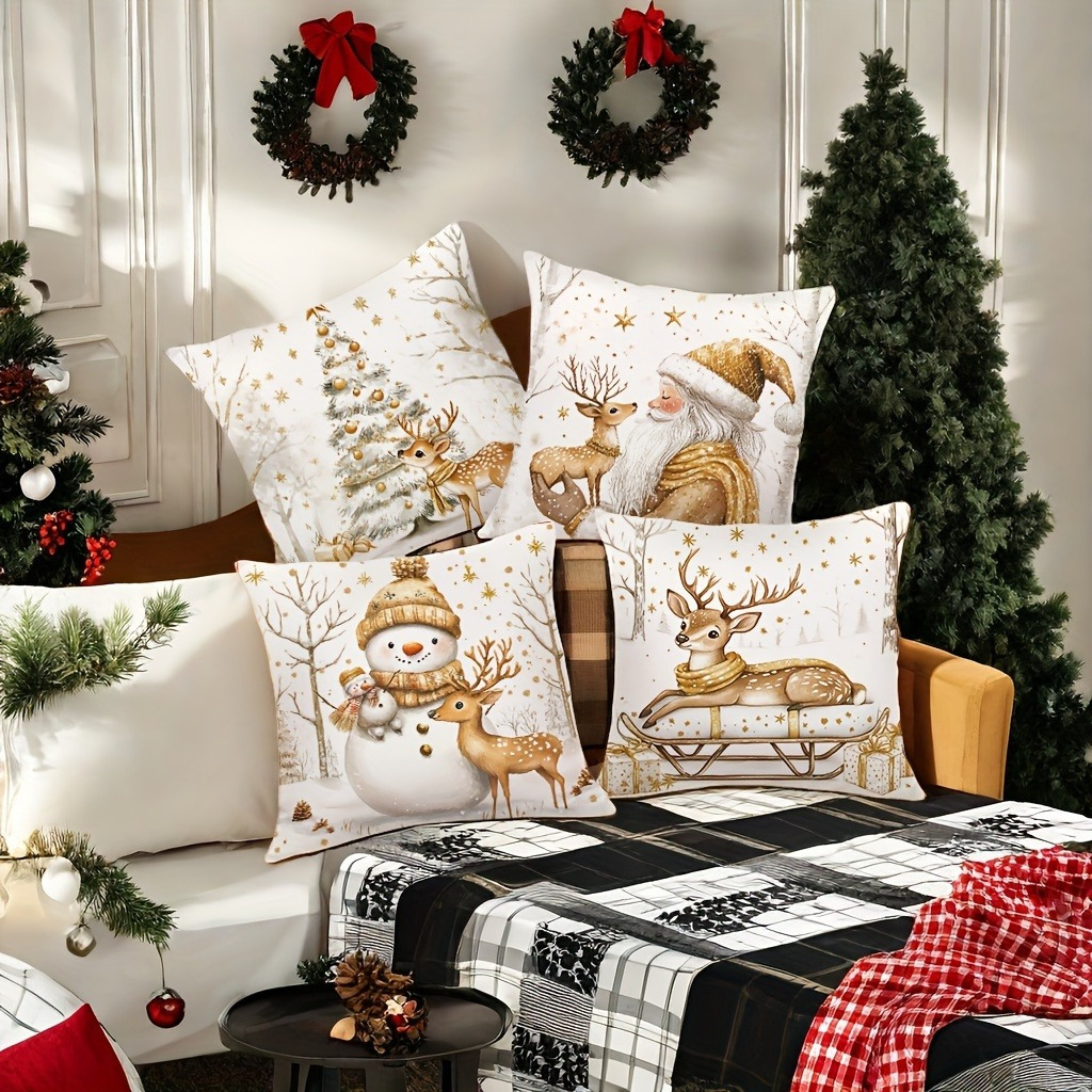 

4pcs, Golden Christmas Elk And Snowman Pattern Short Plush Throw Pillowcase, Very , 17.7inx17.7in, Single-sided Printing, Room Decoration, Office Decoration, Home Decoration, Car Decoration