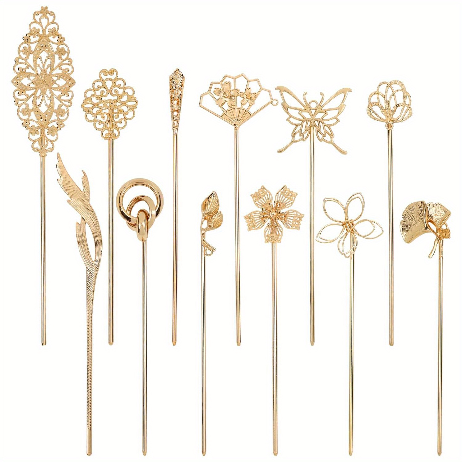 

12pcs Gold Decorative Vintage Butterlfy Flower Metal Hair Sticks Chopsticks Pins Forks Hairpins Hair Bun Updo Holders Long Accessories For Women, Christmas Gifts, Wedding Gifts