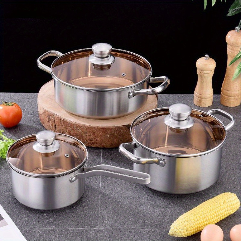 3pcs stainless steel cookware set milk hot soup pots with heat resistant bottoms compatible with gas induction stoves details 0