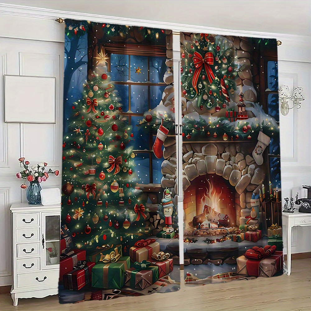 

2pcs Set Christmas Curtains - Fireplace & , For & Bedroom Decor, Polyester, No Rod Needed, Christmas Decor