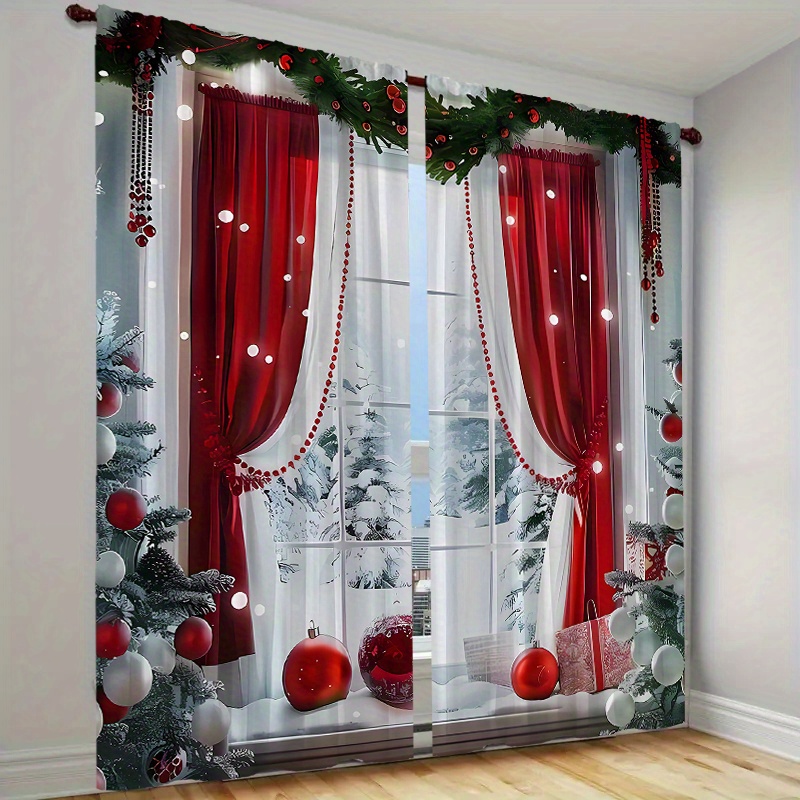 

2pcs Set Christmas Curtains - Knitted Polyester & , - For Decor & , Christmas Decor