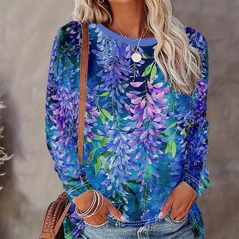 

Leaf Neck T-shirt, Casual Long Sleeve T-shirt For Spring & Fall, Women's Clothing