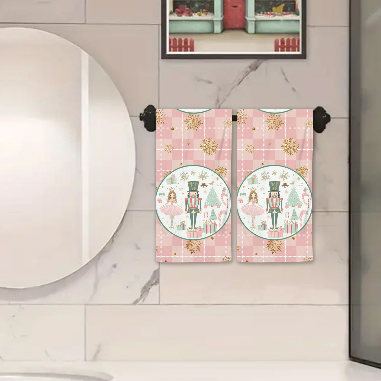 

2pcs Christmas Kitchen Towels - Pink & Nutcracker Design, Holiday Decor & Housewarming Gifts, Christmas Decor