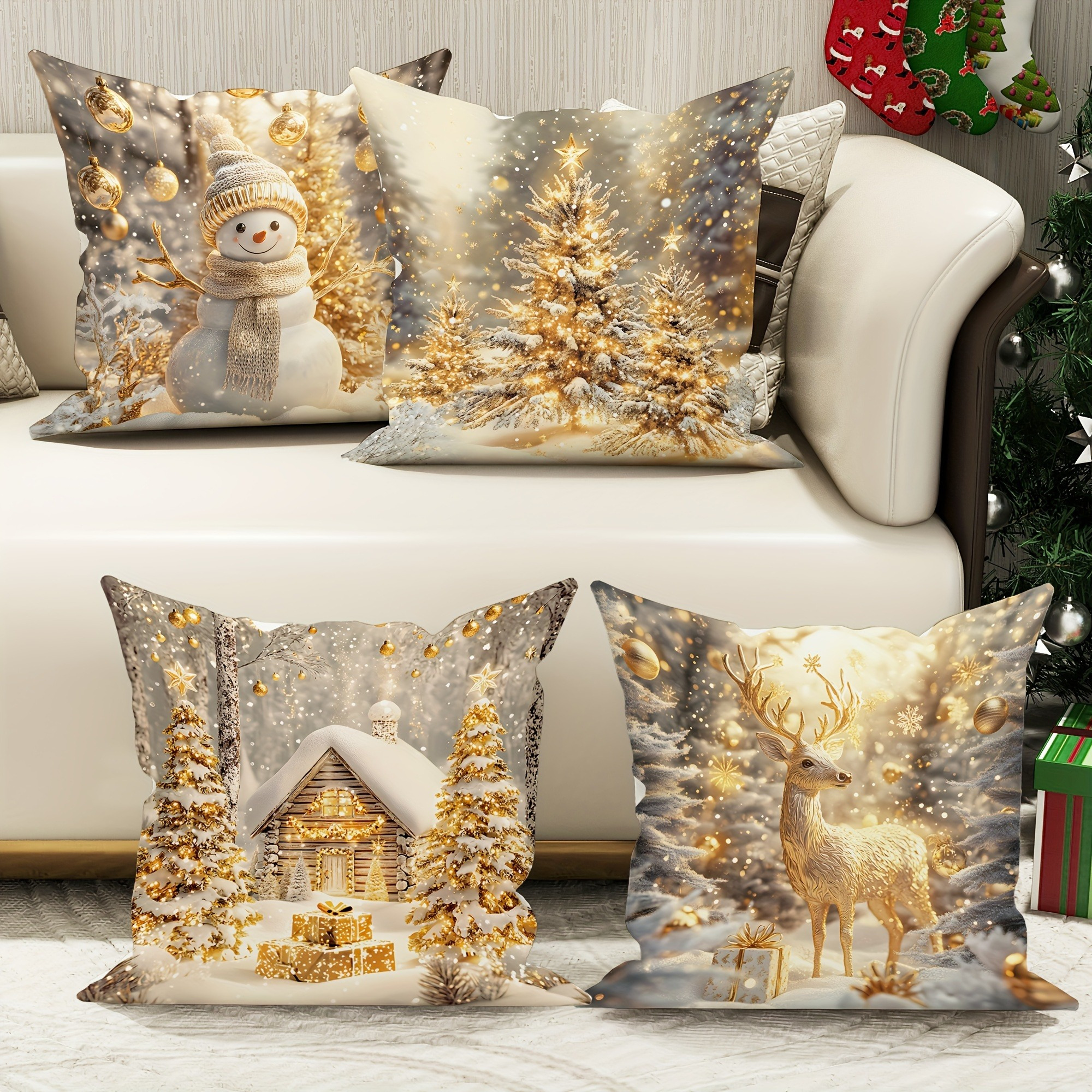 

4pcs Set Christmas & , 17.7x17.7 - Zippered Cushion For And Decor, Washable, For Sofa, Bedroom, And Car -