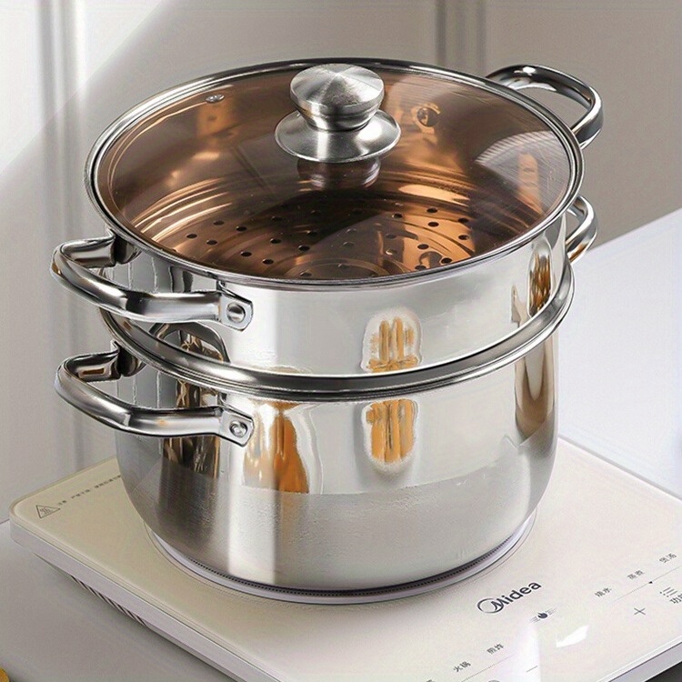 1pc stainless steel steamer pot with lid semi sand bright finish steam grid   easy to clean induction gas stove compatible for cooking frying hot pot kitchen cookware details 0