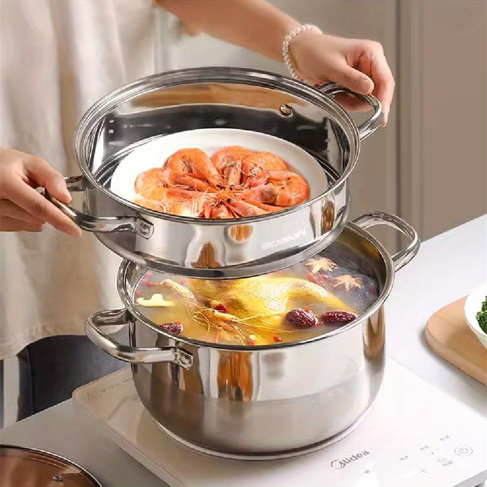 1pc stainless steel steamer pot with lid semi sand bright finish steam grid   easy to clean induction gas stove compatible for cooking frying hot pot kitchen cookware details 3