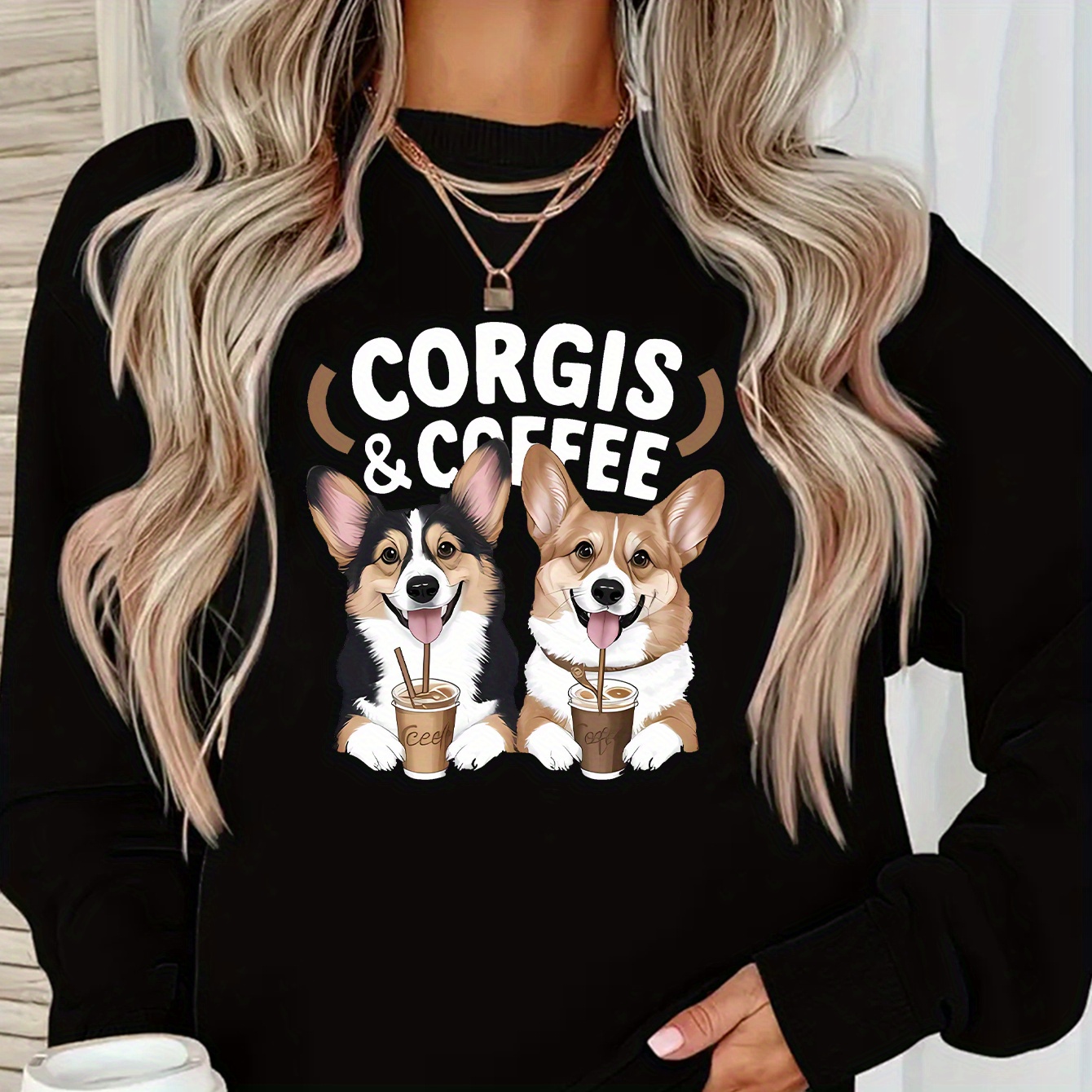 

Cozy Fleece-lined Corgi Cartoon Print Sweatshirt For Women - Casual Long Sleeve Pullover With Round Neck, Machine Washable