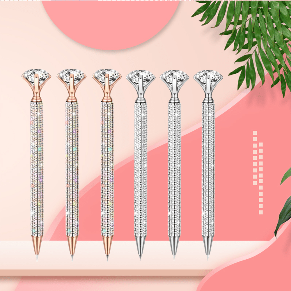 

6pcs Diamond Black Ballpoint Pen, Big Diamond Pens With Metal Glitter Ballpoint Pens