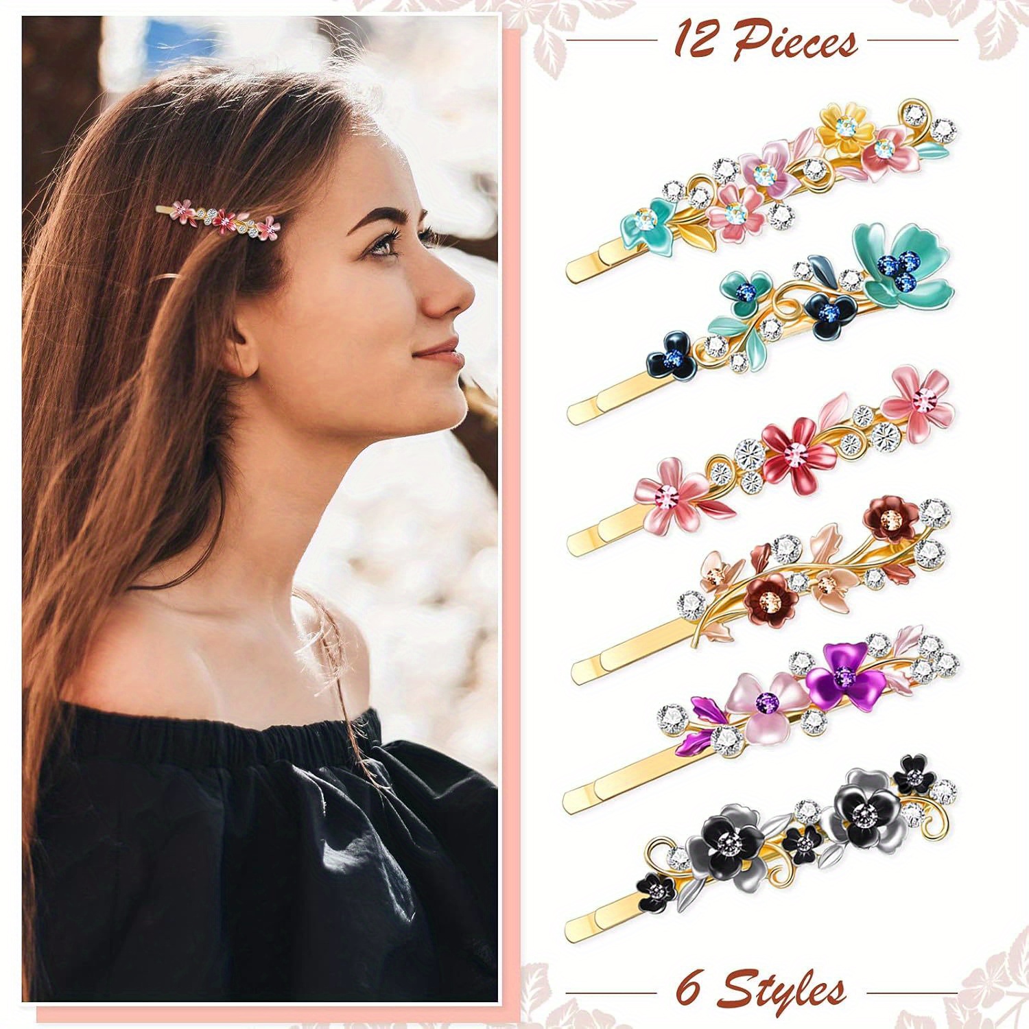 

12pcs Vintage Floral Hair Pin Set For Women - Elegant Barrettes With Gemstone Flowers, Leaves & Butterflies - Stylish Metal Hair Clips For Christmas And Casual Attire