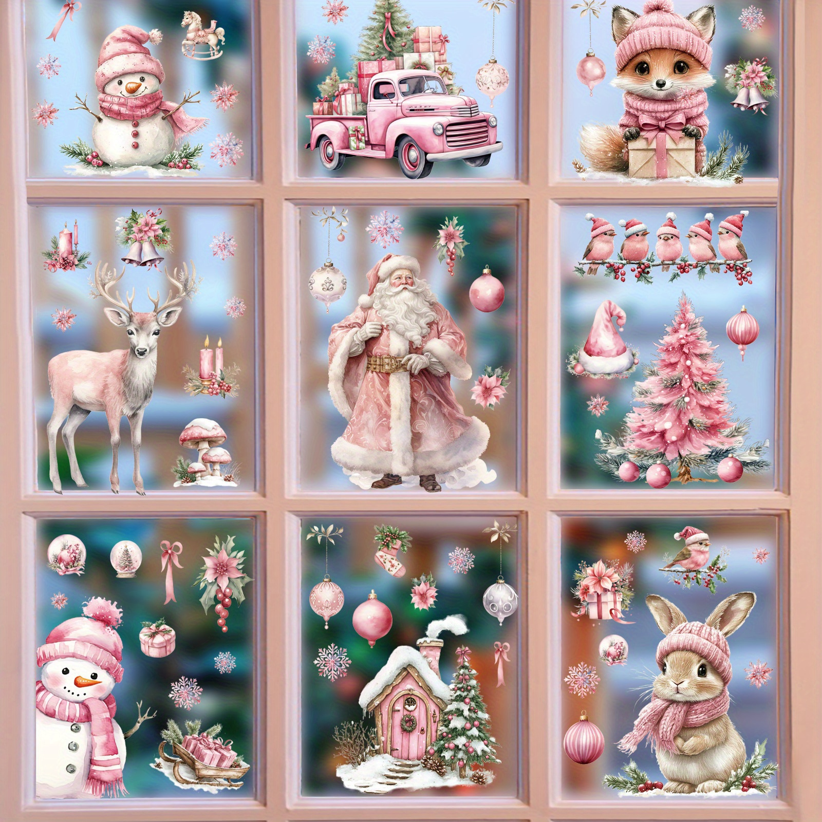 

116pcs Pink Christmas Window Clings Set - Dual-sided Snowman, Santa & Reindeer Designs For Holiday Party Decorations