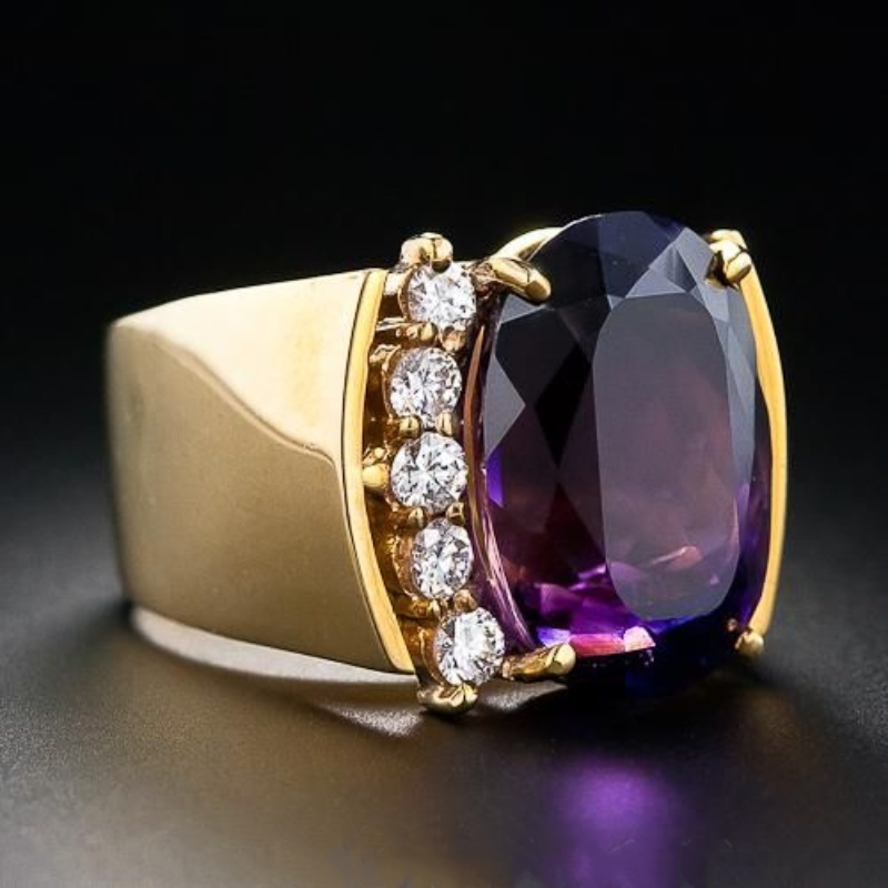 TEMU Vintage 14k Gold Plated Purple Cocktail Ring - Egg-shaped Center Stone, Elegant Wedding For Valentine's Gift, Anniversary, Luxury Party & Daily Wear Accessory