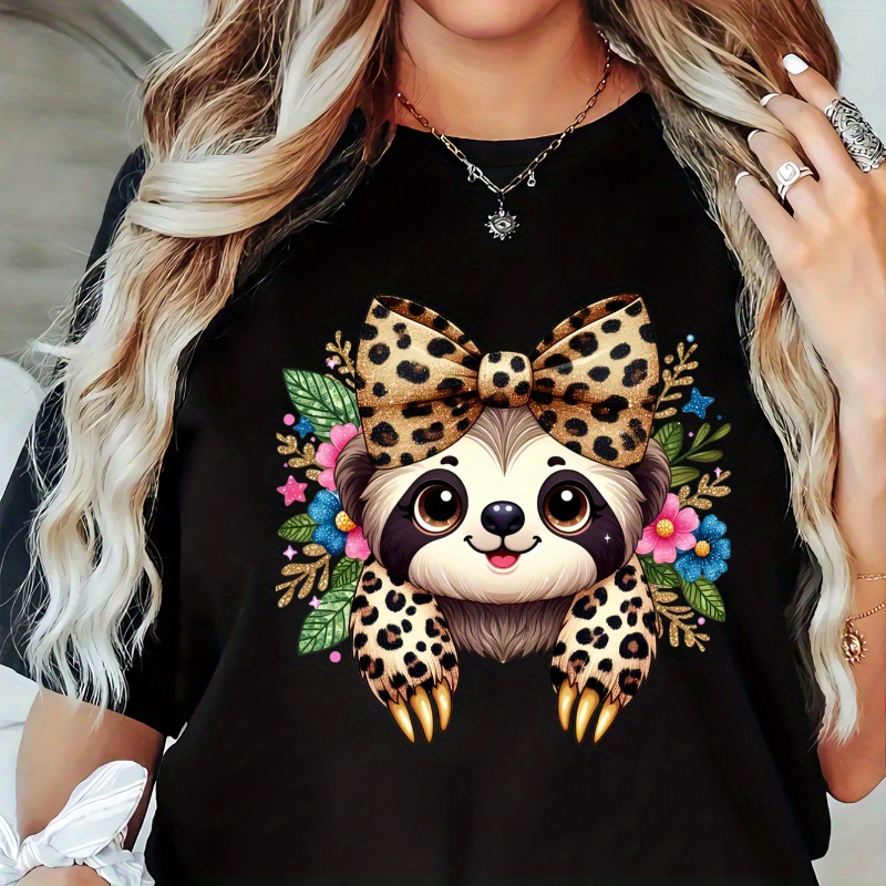 

Women's Plus Size Casual Short Sleeve T-shirt With Leopard Sloth Print - Crew Neck, Spring/summer Knit Fabric Top, Polyester And Elastane With Stretch, Geometric Pattern Oversized Pullover Tee