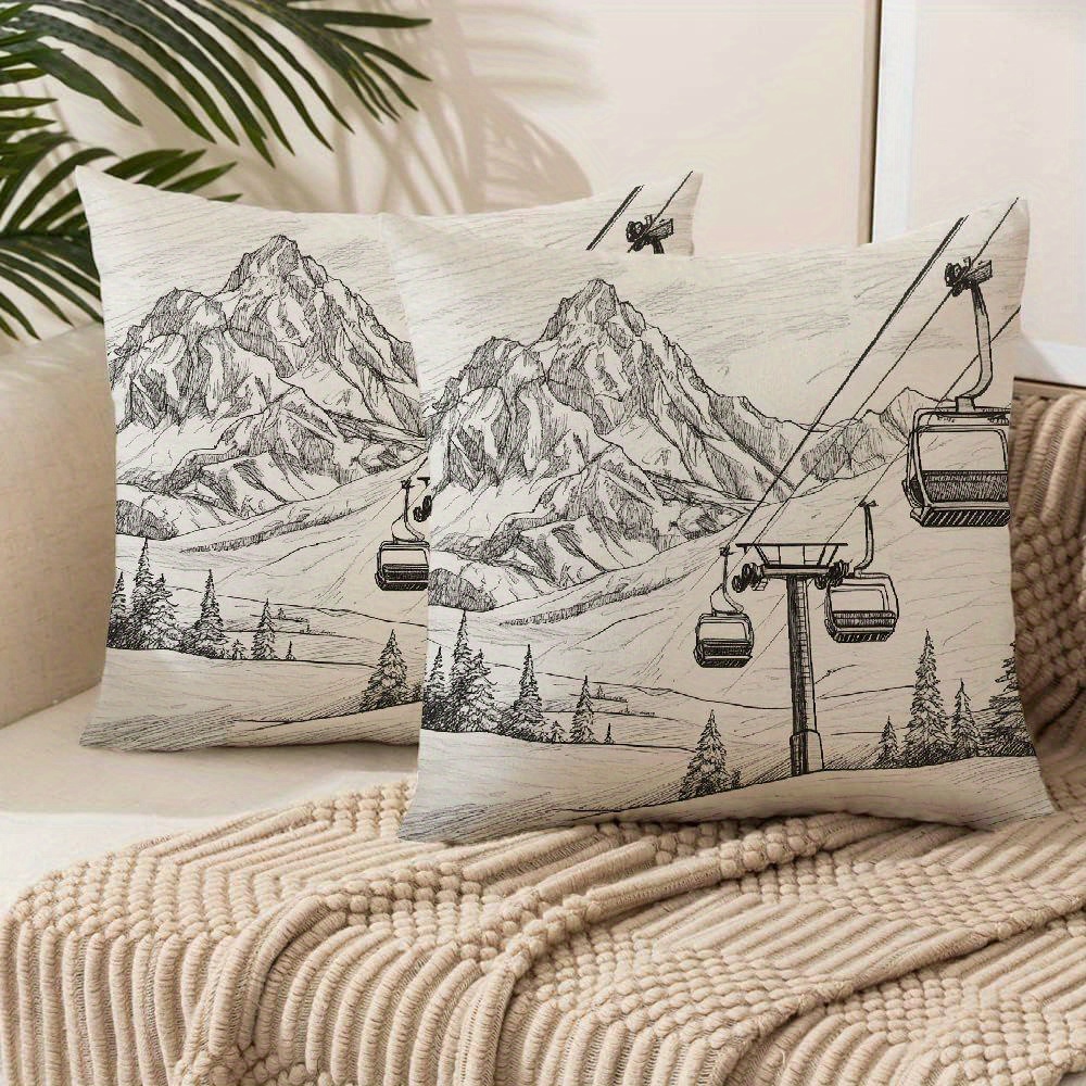 

2pcs Ski Lift Mountain Landscape Print Throw Pillow Covers, 100% Polyester Woven Zippered Decorative Cushion Cases For Home Decor, Machine Washable – Contemporary Style For Living Room And Outdoor