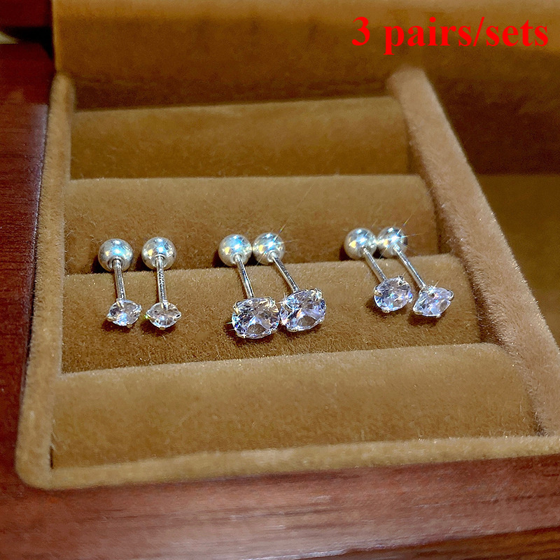 

3 Pairs/set Of Shiny Synthetic Zirconia Screw 925 Silver Plated Earrings, Exquisite And Compact Versatile Simple Earrings For Men And Women